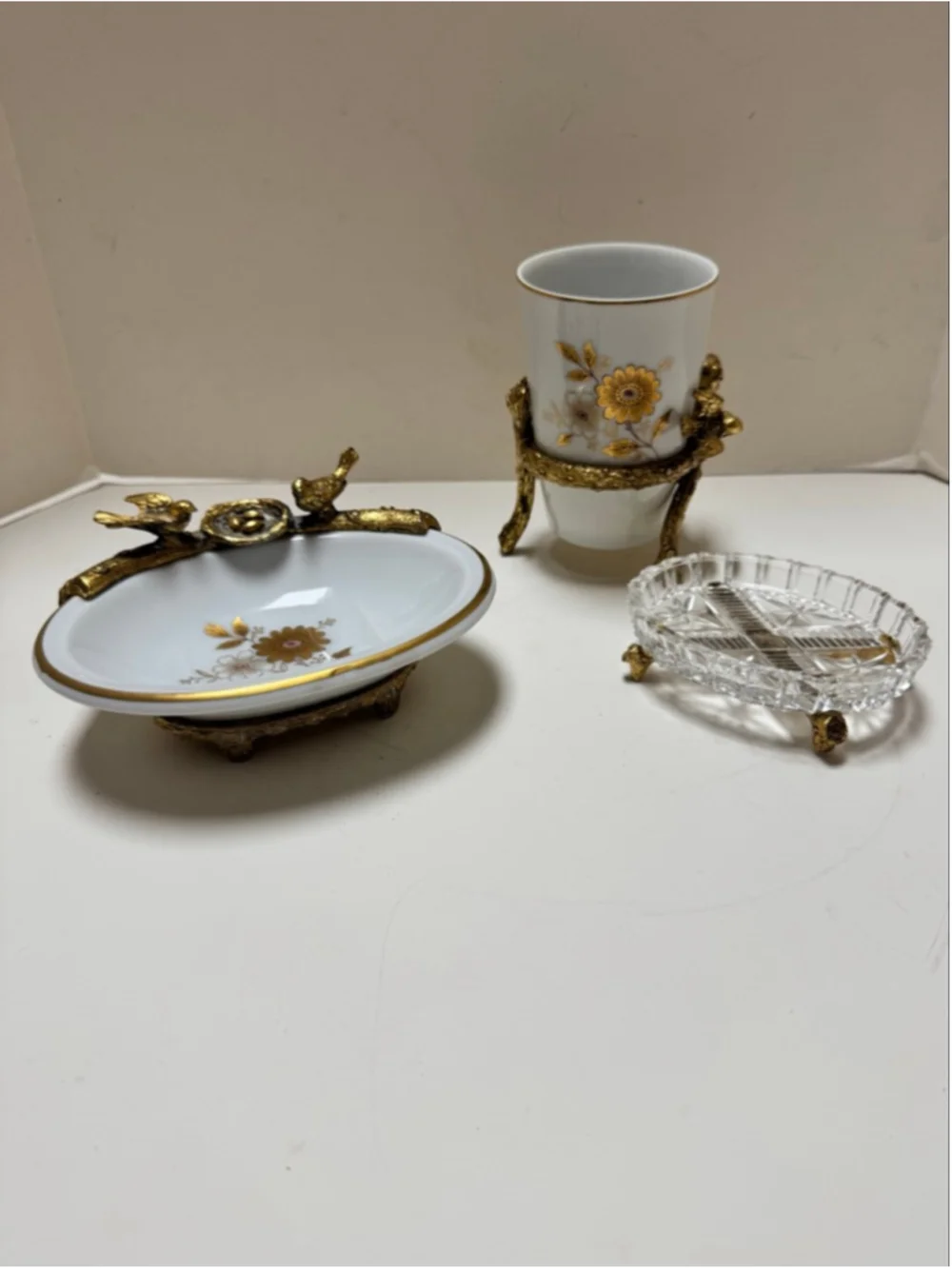 Lefton China White and Gold Bird Bath Vanity Hollywood Regency- 3 pc Set